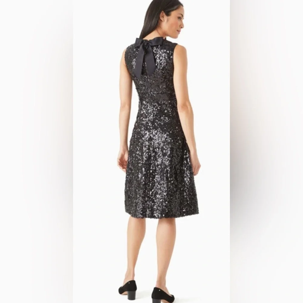 NWT Kate Spade Sleeveless Fit & Flare Black Sequin Dress Back Neck Bow. CL1